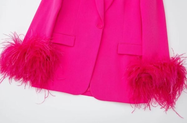 bottom part of pink blazer with feathers