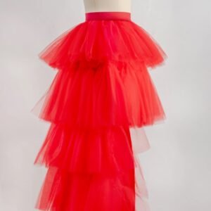 side view of red colorful multi-layer skirt on a mannequin