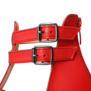 closure straps of red high heel sandals on the white background