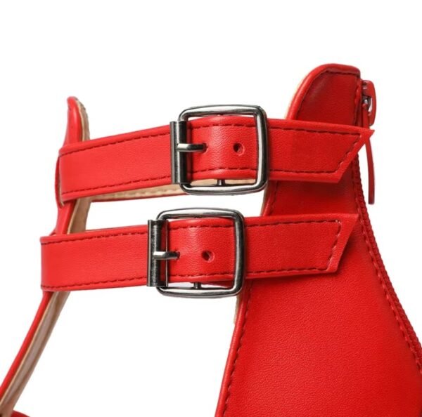 closure straps of red high heel sandals on the white background