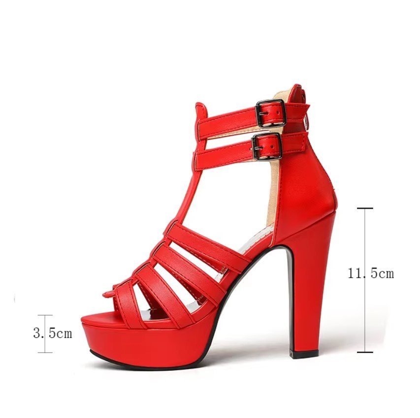 red high heel sandals with measurements provided around them