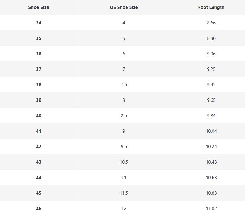 size chart of red high heel sandals