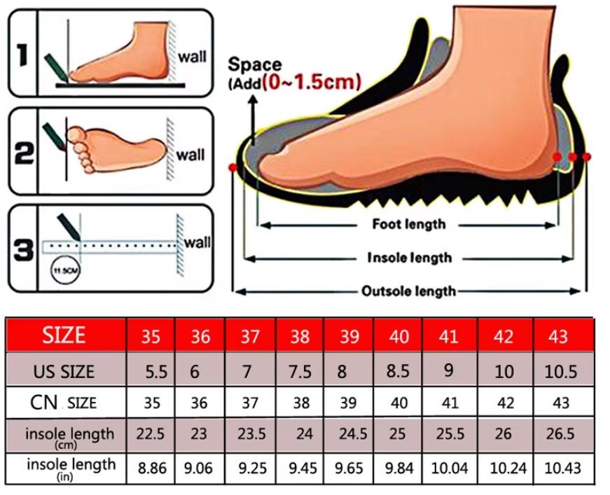 size chart and measuring tips for shiny colorful sneakers