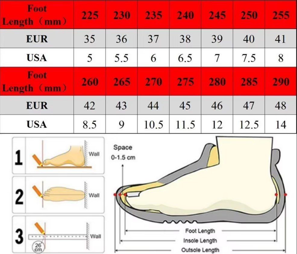 size chart of high colorful sneakers