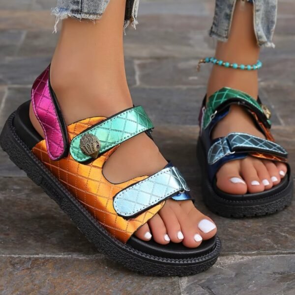 side view of sporty colorful sandals on feet