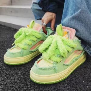 woman wearing streetwear colorful sneakers and baggy jeans