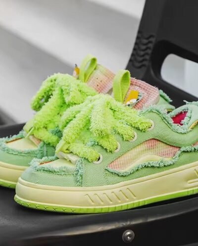 streetwear colorful sneakers wearing on a black chair