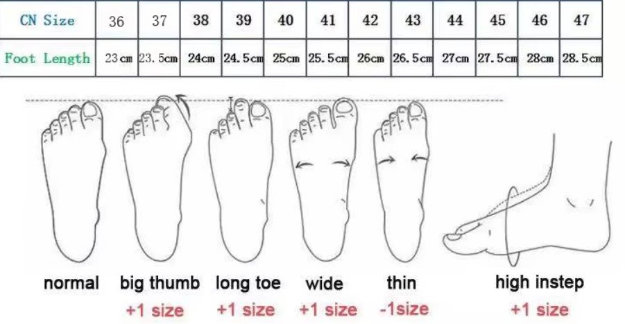 size chart and measuring tips of streetwear colorful sneakers