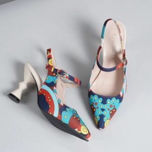 front and side view of unique colorful heels on the grey background