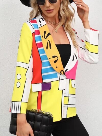 woman wearing vintage colorful blazer and black pants, white wall in the background