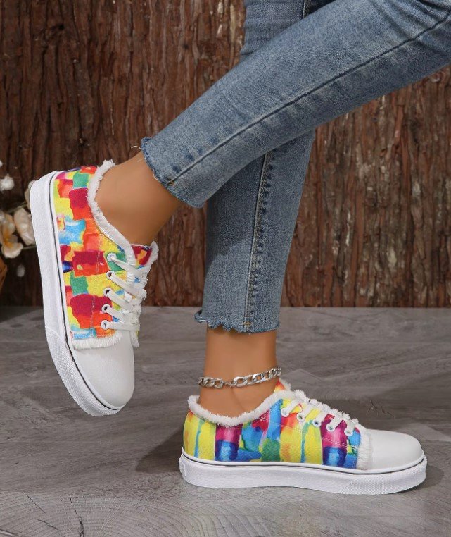 woman walking in vintage colorful sneakers