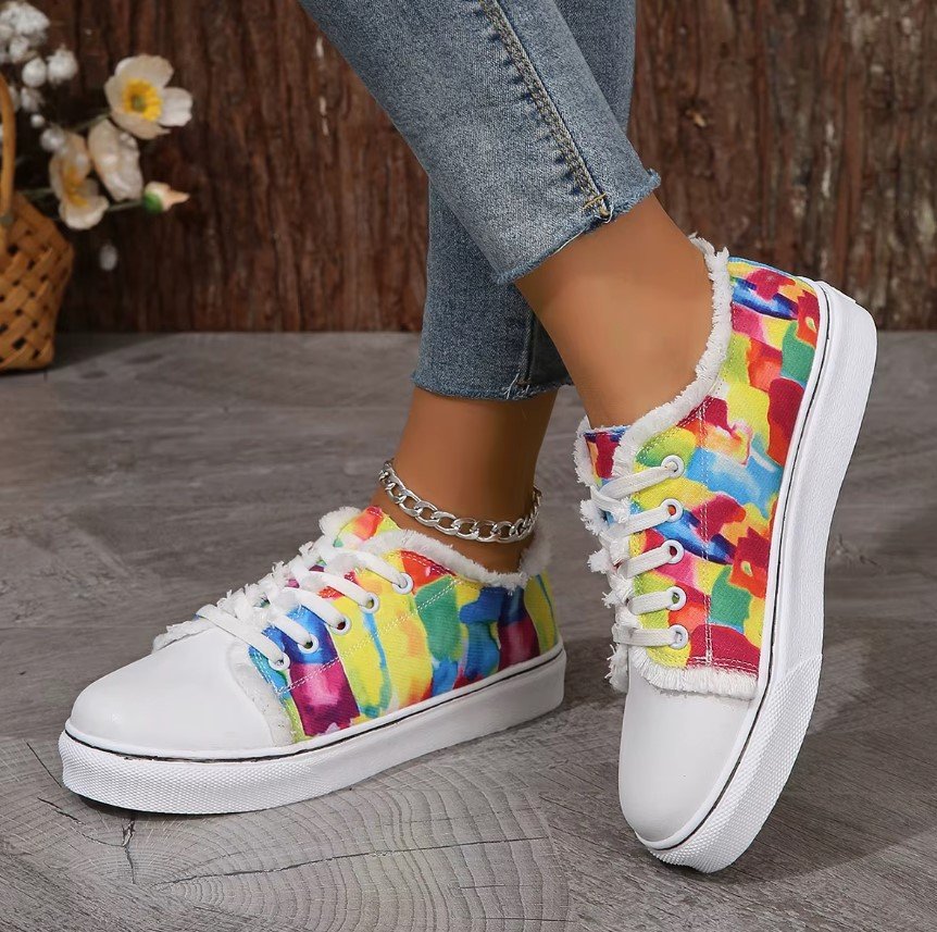 woman wearing vintage colorful sneakers and exposing their side view