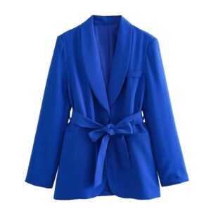 front view of blue women's colorful blazer on the white background