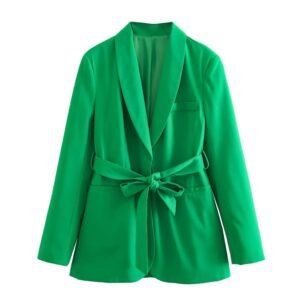 front view of green women's colorful blazer on the white background