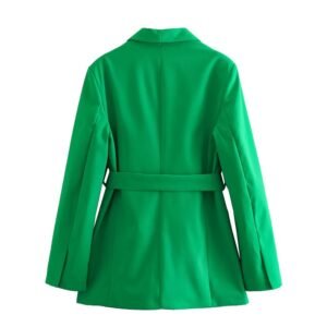 back view of green women's colorful blazer on the white background