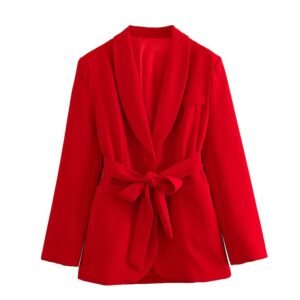 front view of red women's colorful blazer on the white background