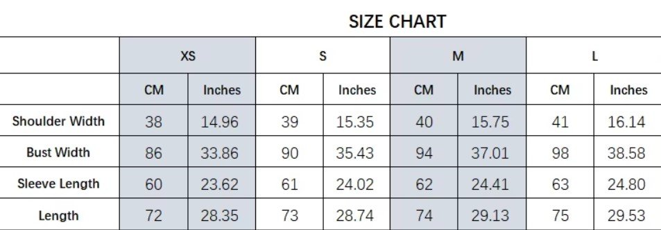 size chart of women's colorful blazer