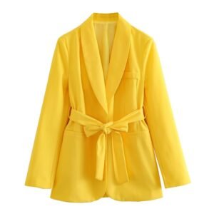 front view of yellow women's colorful blazer on the white background