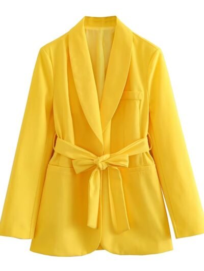 front view of yellow women's colorful blazer on the white background
