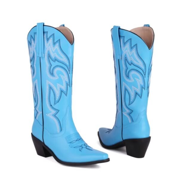 back and front view of blue cowboy boots on the white background