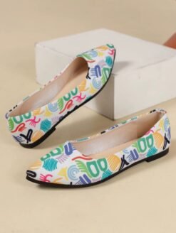 side view of casual colorful flats standing on a white box