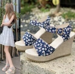 side view of casual colorful wedges, next to them woman wearing casual colorful wedges and a white dress