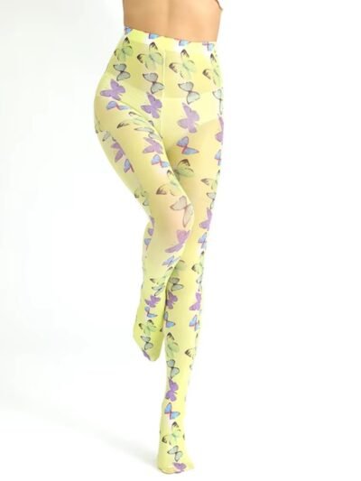 woman wearing colorful butterfly tights on the white background