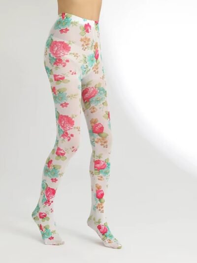 woman walking in colorful floral tights on the white background