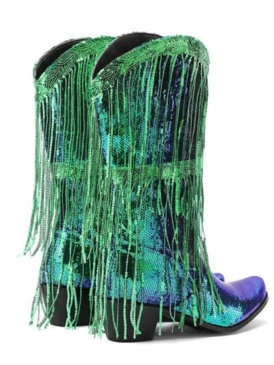 back view of colorful fringe boots on the white background