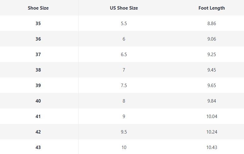 size chart of colorful punk boots