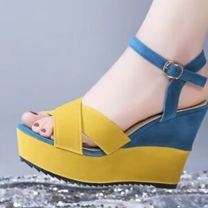 side view of colorful wedges for summer on feet