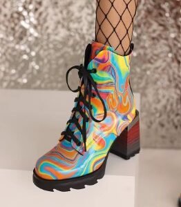 side view of colorful winter boots on feet