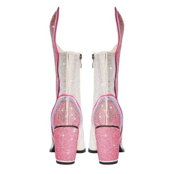 back view of colorful women's boots on the white background