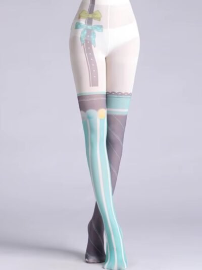 woman wearing cute colorful tights and crossing her legs, grey wall behind her