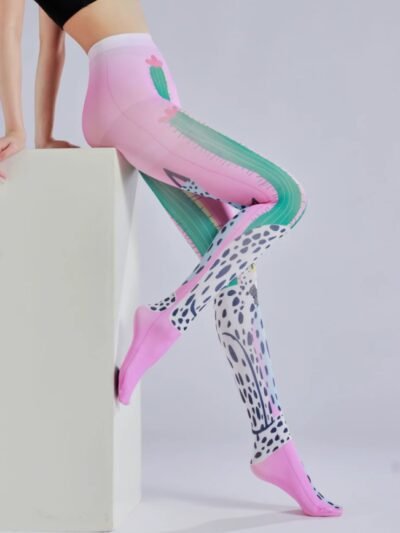 woman wearing fun colorful tights and sitting on a white furniture
