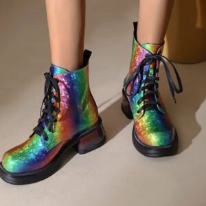 front view of multicolored boots on feet