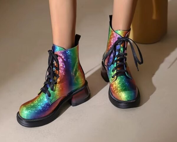 front view of multicolored boots on feet