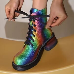 woman lacing multicolored boots