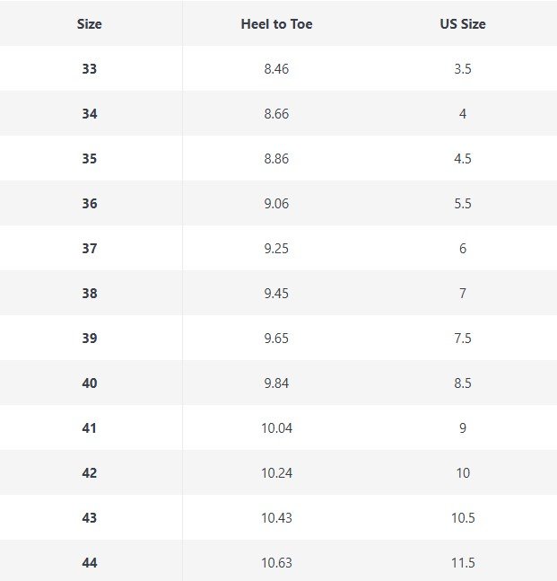 size chart of multicolored boots