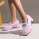 woman walking in pastel colorful loafers