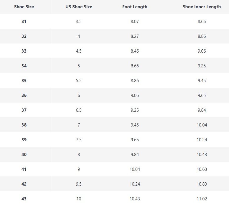 red boots' size chart