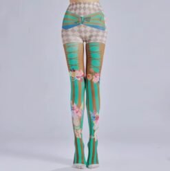 woman wearing sweet colorful tights in a grey room