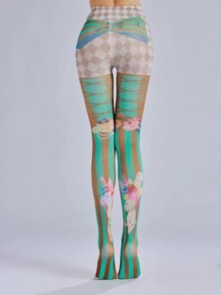 woman turned to her back wearing sweet colorful tights in the grey room