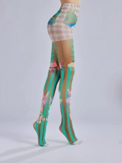 woman turned to her side wearing sweet colorful tights