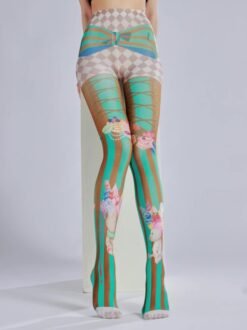 woman wearing sweet colorful tights and sitting on a white elevation