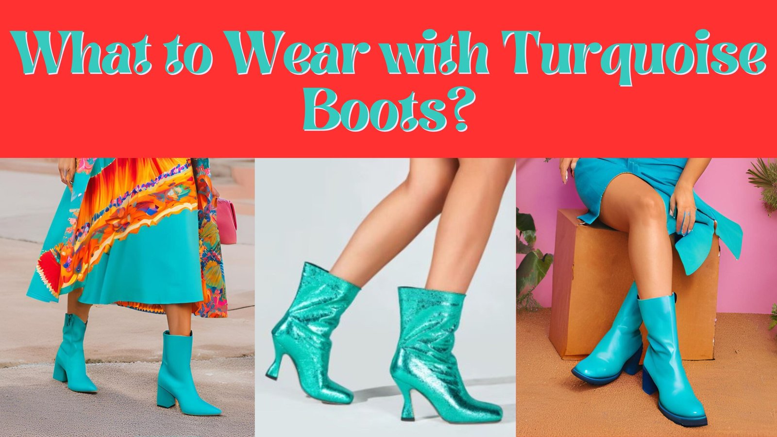 poster for what to wear with turquoise boots giving styling ideas - in the left corner woman is wearing turquoise boots and a colorful dress, in the right corner woman is wearing turquoise boots with turquoise pencil skirt