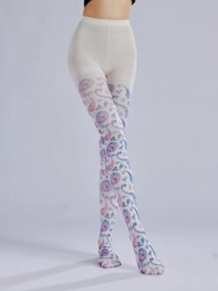 woman wearing Bohemian colorful tights and crossing her legs