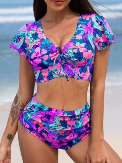 woman wearing Hawaiian colorful bikini on the beach