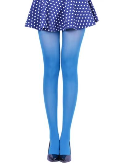 woman wearing blue tights and blue polka dot skirt on the white background