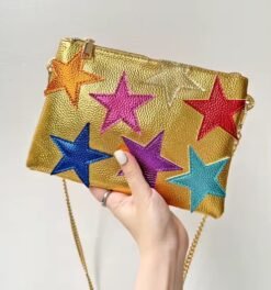 woman holding chic colorful bag